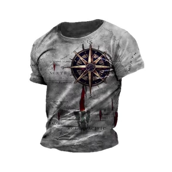 Men's Vintage Nautical Map Compass Printed T-shirt