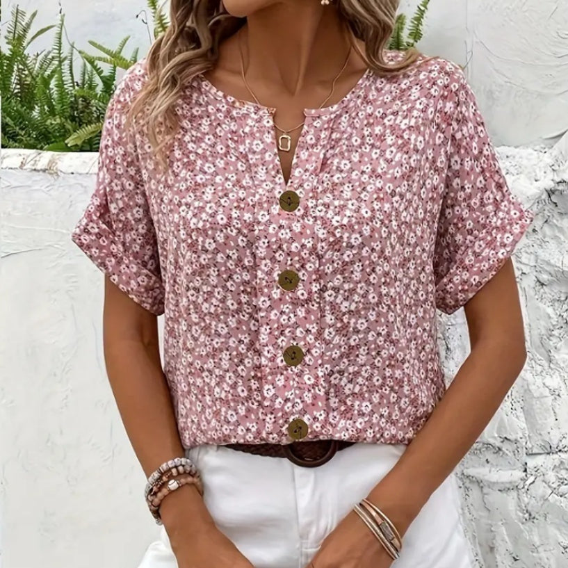 Plant Jacquard V-neck Women's Short-sleeved T-shirt