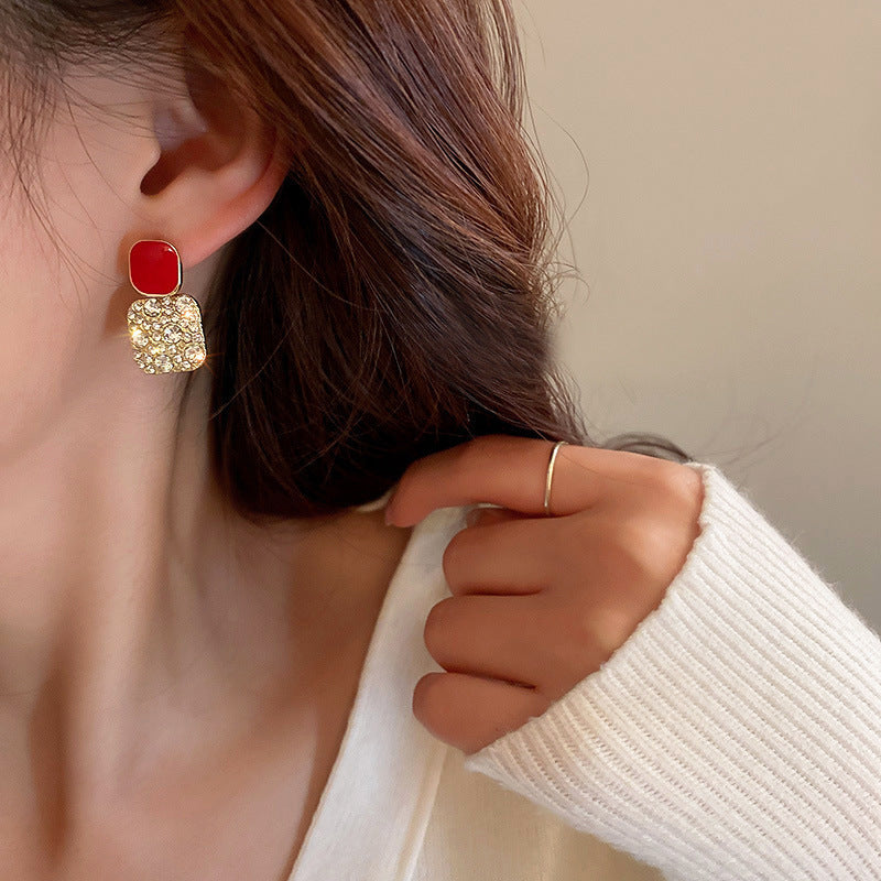 Korean Geometric Block Rhinestone Earrings