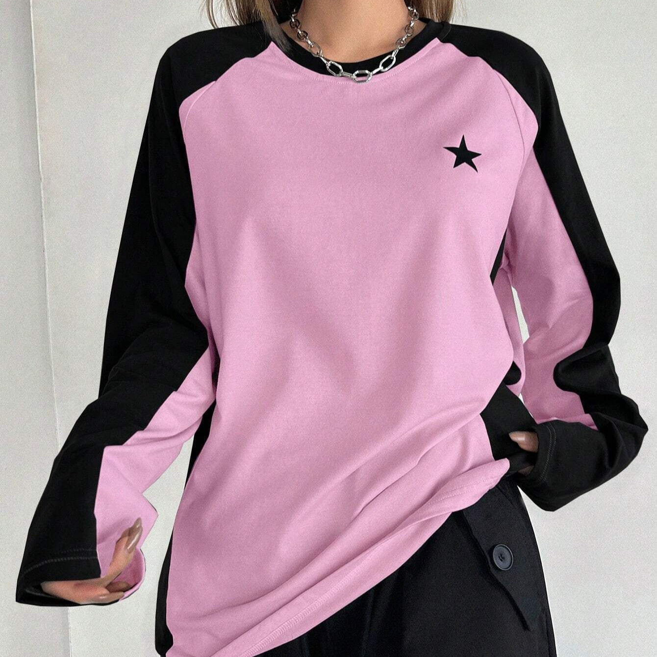 Round Neck Long Sleeve T-shirt Loose Casual Multicolor Raglan Top