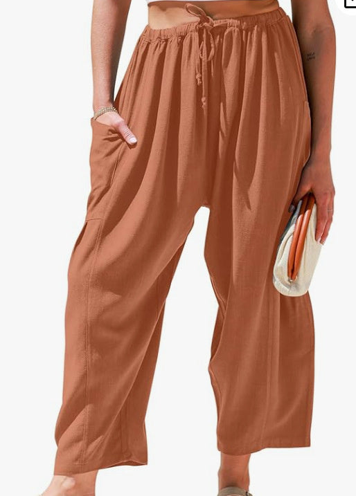 Stretched-waist Pleated High-waisted Wide-leg Loose Casual Cotton And Linen Long Pants