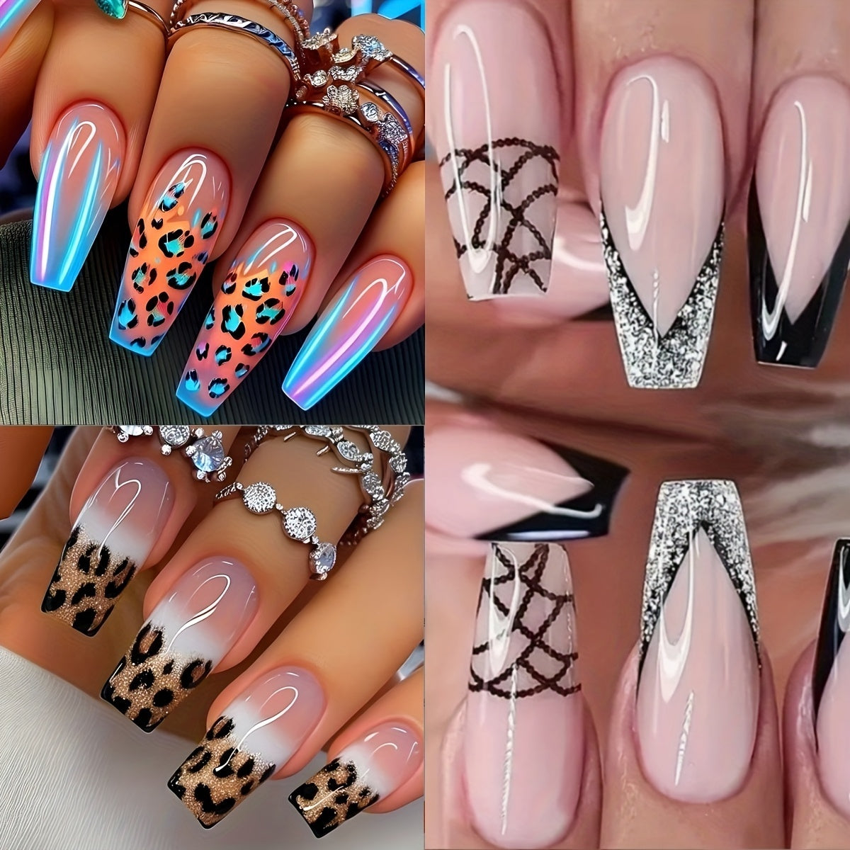 Blue Edge French Gradient Contrast Leopard Print Nail Tips - EL CHEG