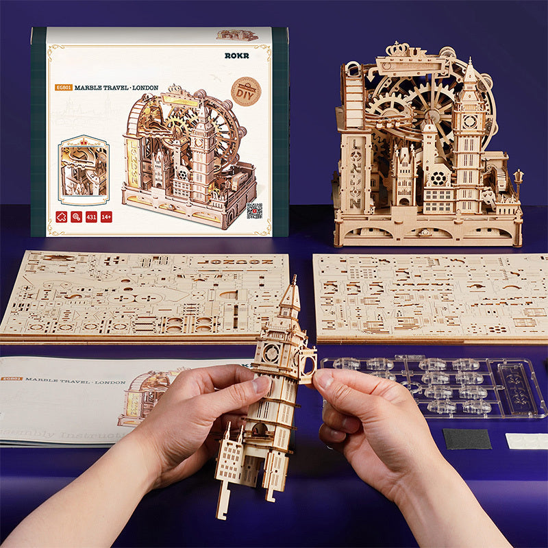 ROBOTIME 3D Wooden Puzzle London City Mechanical Model With Marble Run & LED Lights, DIY Decorative Kit For Adults & Teens.