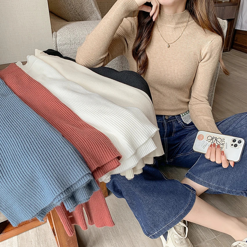 Autumn Winter Mock Neck Women Sweater Vintage Basic Solid Knitted Tops Casual Slim Pullover Korean Sweaters Simple Chic Jumpers - EL CHEG