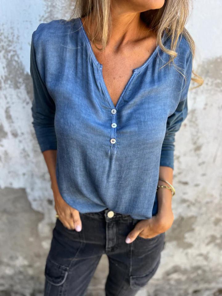 European And American Leisure V-neck Solid Color Long-sleeved Top