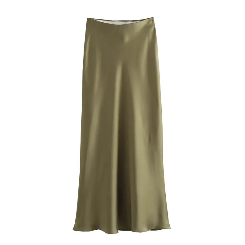 TRAF Woman 2024 Satin Skirt Women High Waist Long Skirts For Women Summer Black Midi Skirt Office Elegant Women's Skirts - EL CHEG