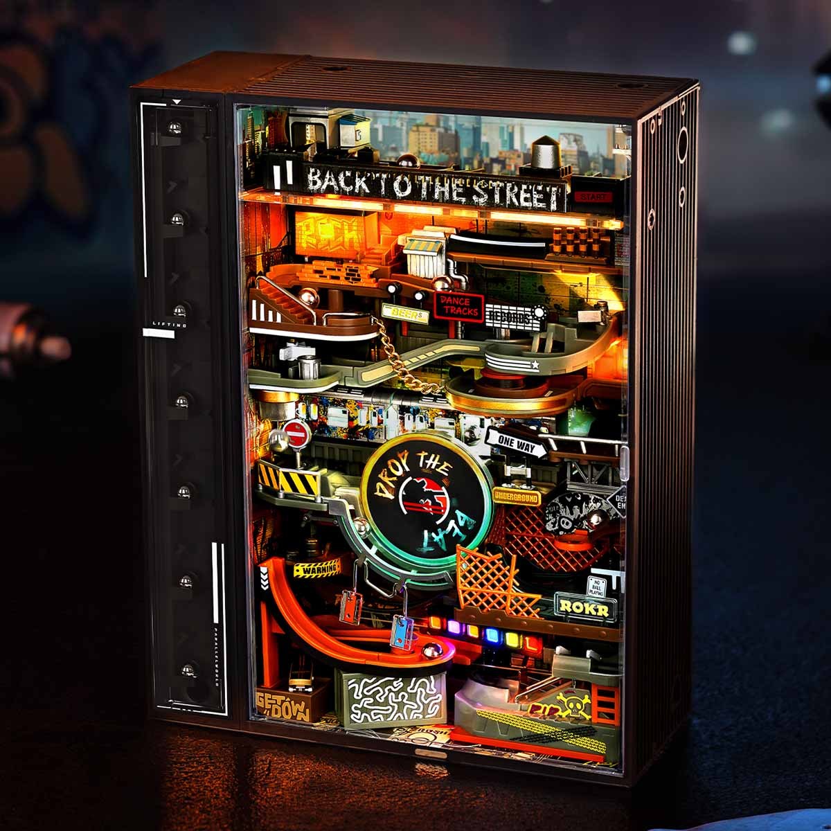 ROKR Parallel World 3D Puzzle Hip-Hop Street Themed Mechanical Marble Run Model Kit DIY Wooden Desk Decor For Adults & Teens.