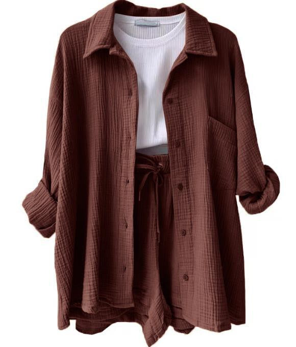 Women's Wrinkled Fabric Lapel Long Sleeved Shirt Shorts Fashion Casual Set