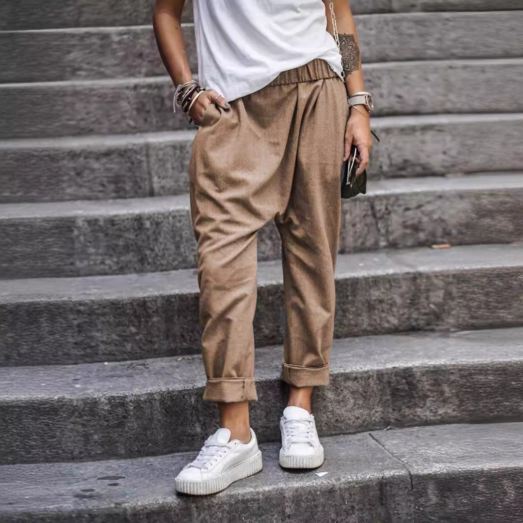 Women's Casual Pants With Pockets Elastic High Waist Harem Trousers Fashion Streetwear Clothing