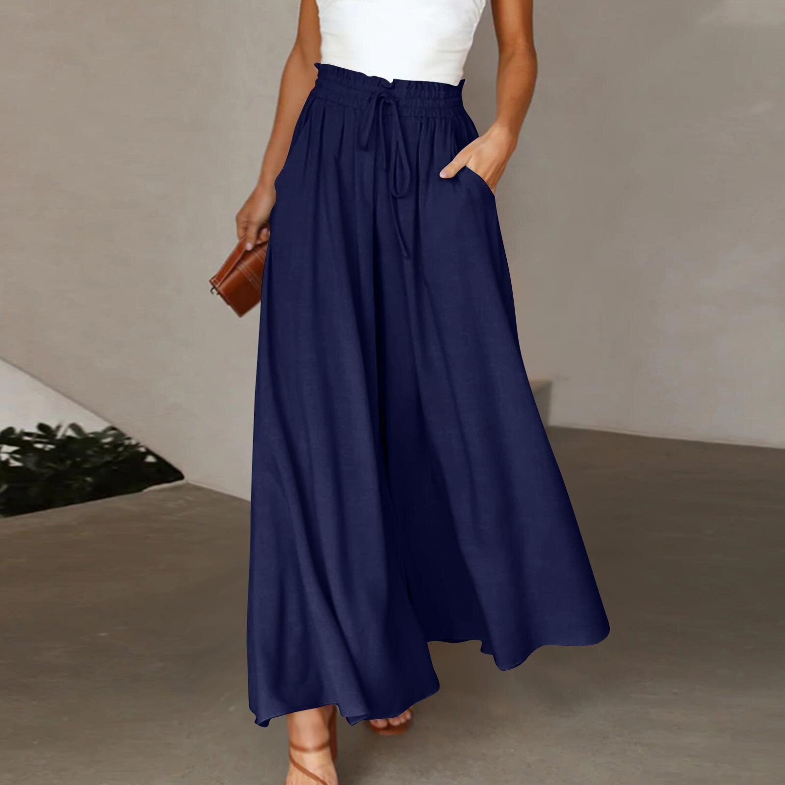Women's Fashion Wide Leg Elastic Waistband Wide Leg High Waist Long Dress Pants