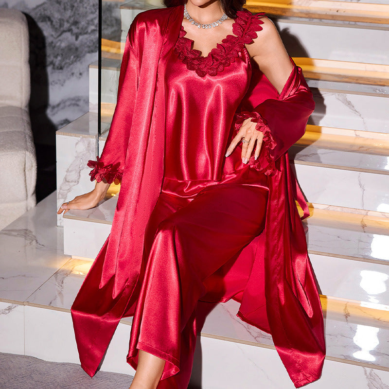 Sexy Outerwear Homewear Suspender Shorts Nightgown Three-piece Set