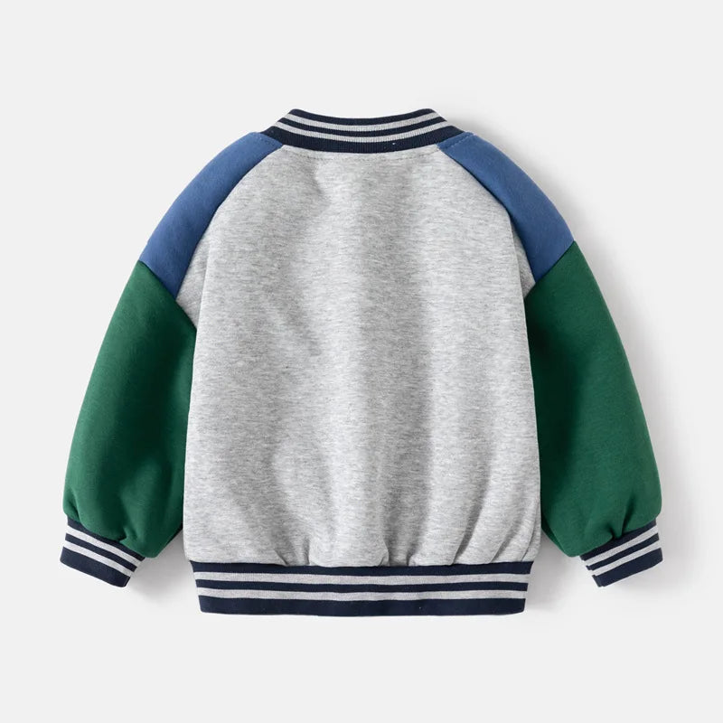 Children Letter Baseball Coat 2025 Autumn Winter Boys Button Thickened Sweatshirt Baby V-neck Color-blocked Coat - EL CHEG