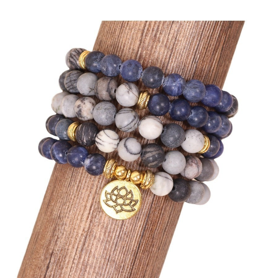 Multi Layer Bracelet With Blue Patterned Network Stone Beads