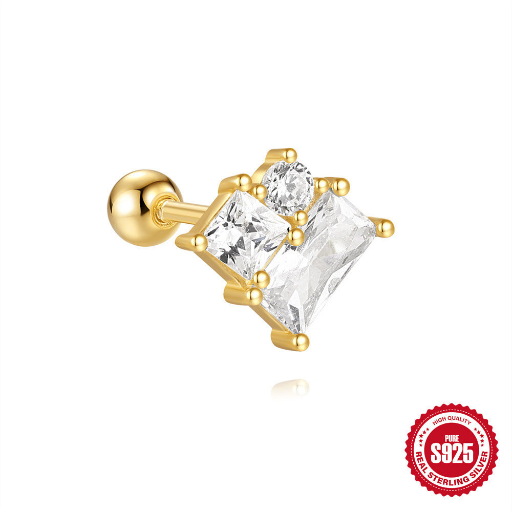 S925 Sterling Silver Red Earrings Square Gravel Stud Earrings