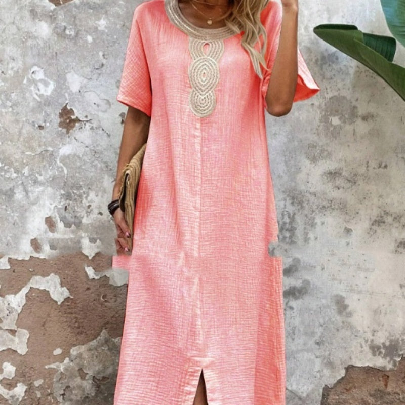 Round Neck Ruffled Short Sleeves Pure Cotton And Linen Slit Loose Dress