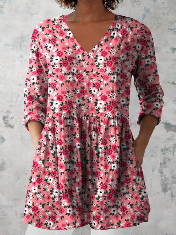 Women's Retro Floral Print Casual Cotton Linen V-neck Top