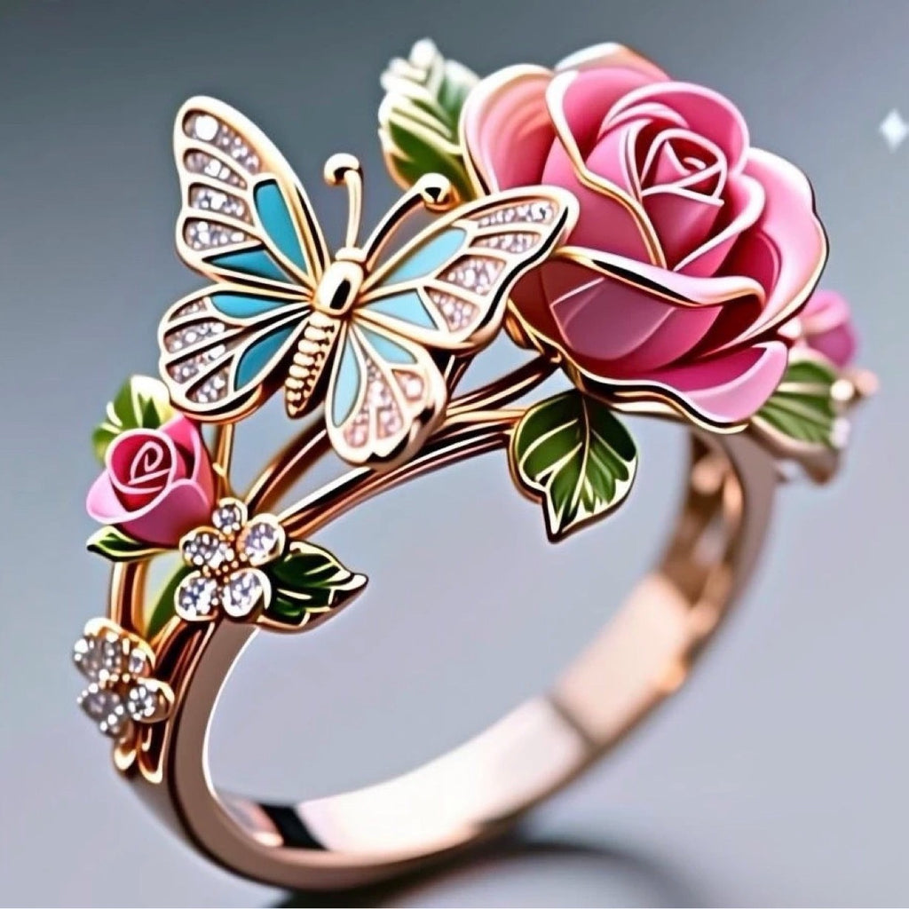 Pastoral Style Enamel Flower Branch Ring Opening Adjustable