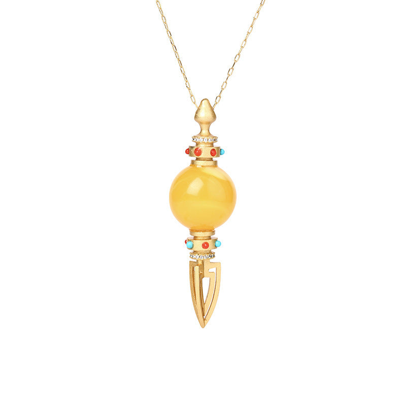 Ethnic Style Ancient Style Gold-plated Inlaid Imitation Old Honey Round Beads Vajra Men's And Women's Pendant Necklace