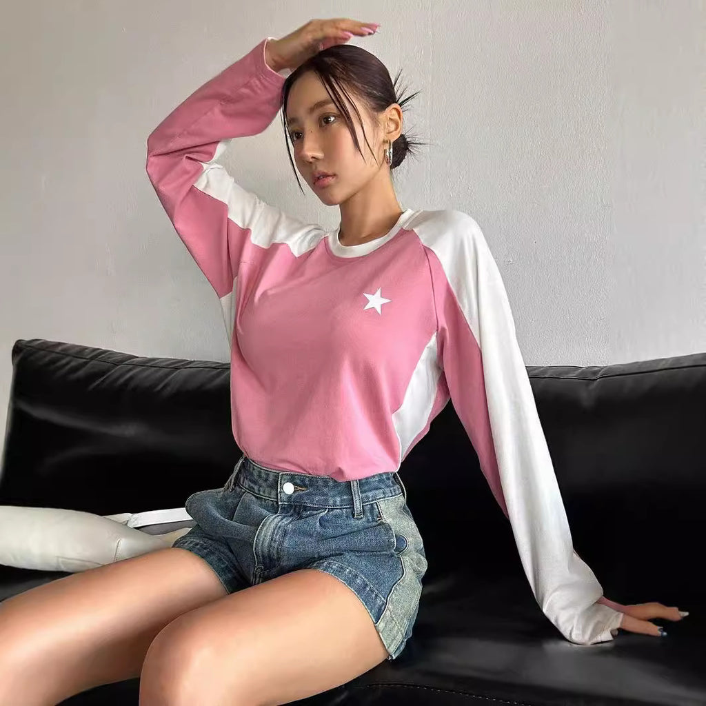 Round Neck Long Sleeve T-shirt Loose Casual Multicolor Raglan Top