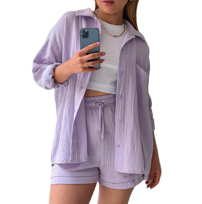 Women's Wrinkled Fabric Lapel Long Sleeved Shirt Shorts Fashion Casual Set