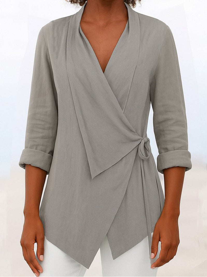 Women's Autumn And Winter V-neck Cotton And Linen Solid Color Shirt