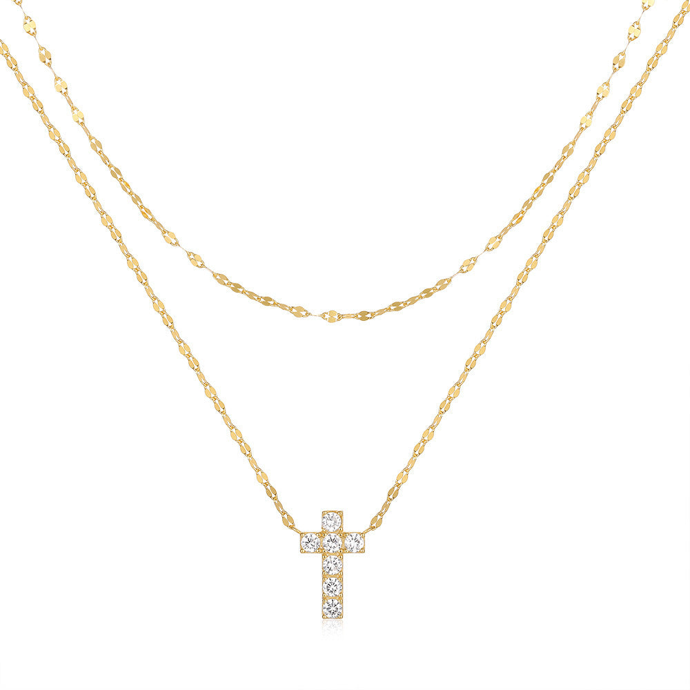 S925 Sterling Silver Double Layer Twin Diamond Cross
