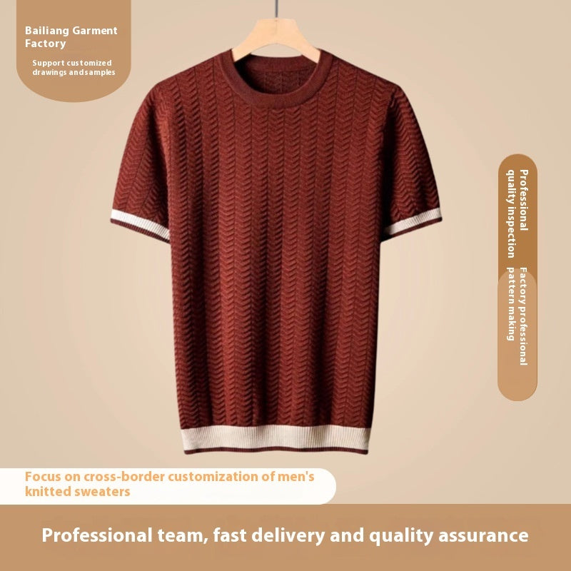 Men's Round Neck Contrast Color Jacquard Texture Slim-fit Short Sleeve