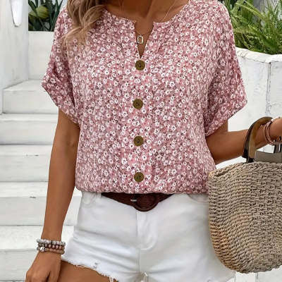 Plant Jacquard V-neck Women's Short-sleeved T-shirt