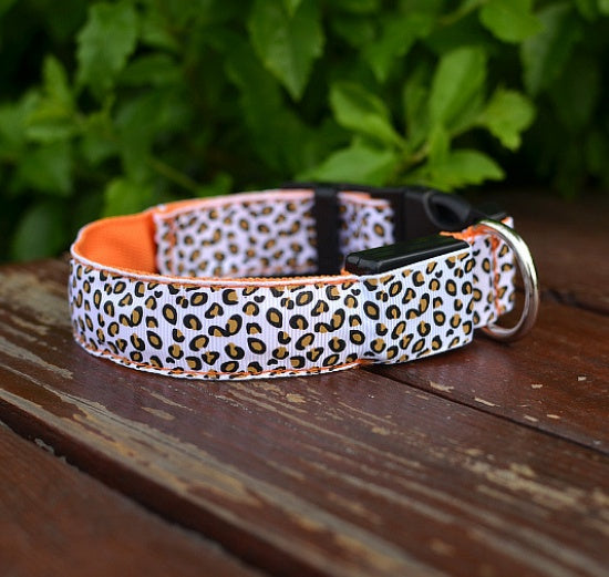 LED Dog Collar Safety Adjustable Nylon Leopard Pet Collar - EL CHEG