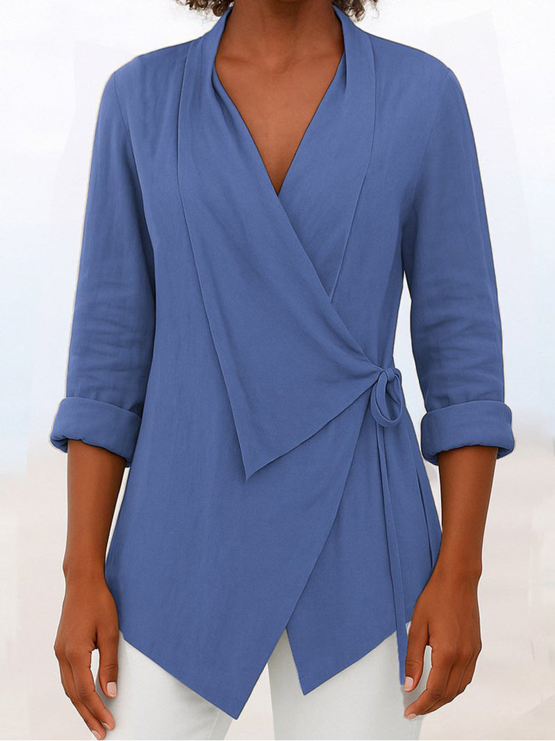 Women's Autumn And Winter V-neck Cotton And Linen Solid Color Shirt