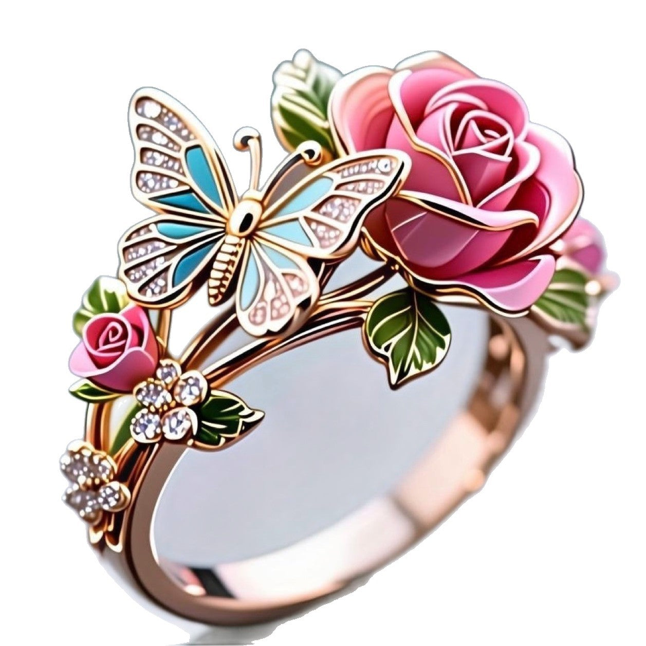 Pastoral Style Enamel Flower Branch Ring Opening Adjustable