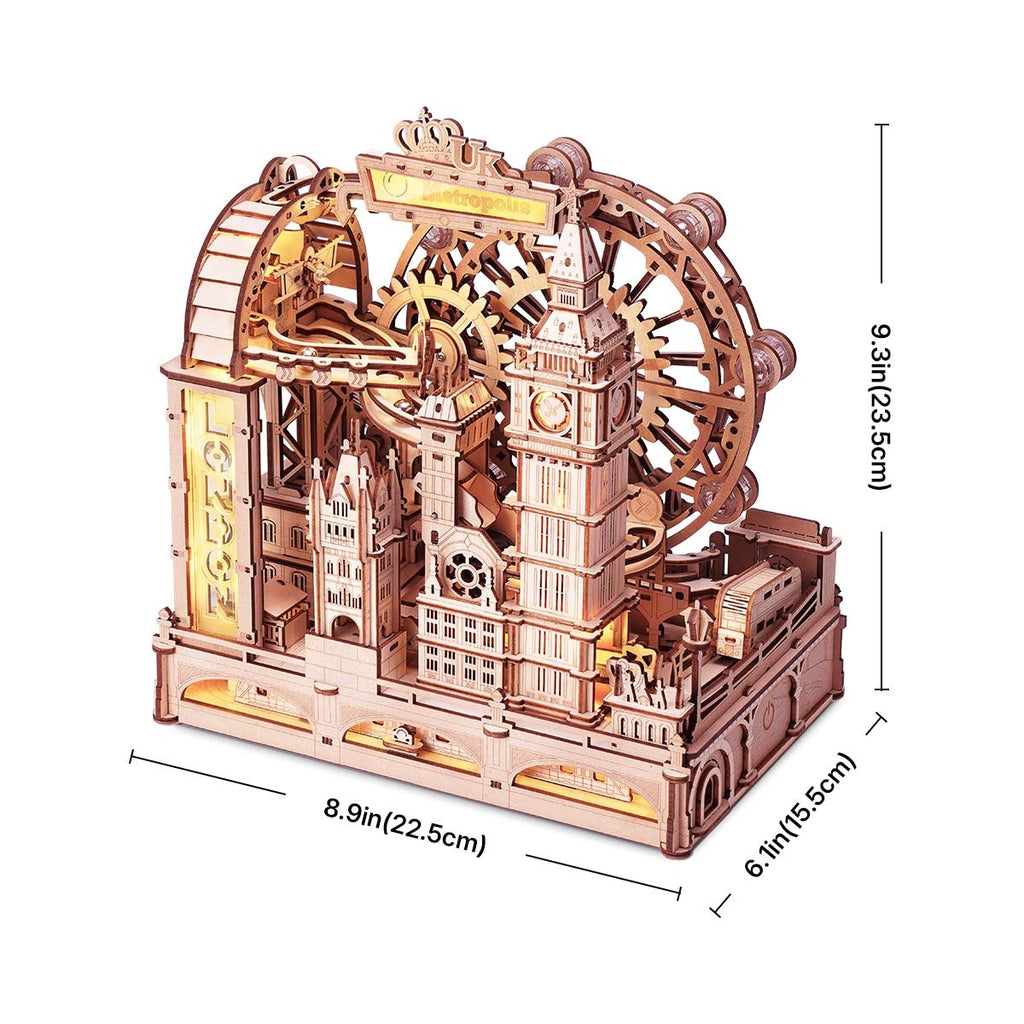 ROBOTIME 3D Wooden Puzzle London City Mechanical Model With Marble Run & LED Lights, DIY Decorative Kit For Adults & Teens.