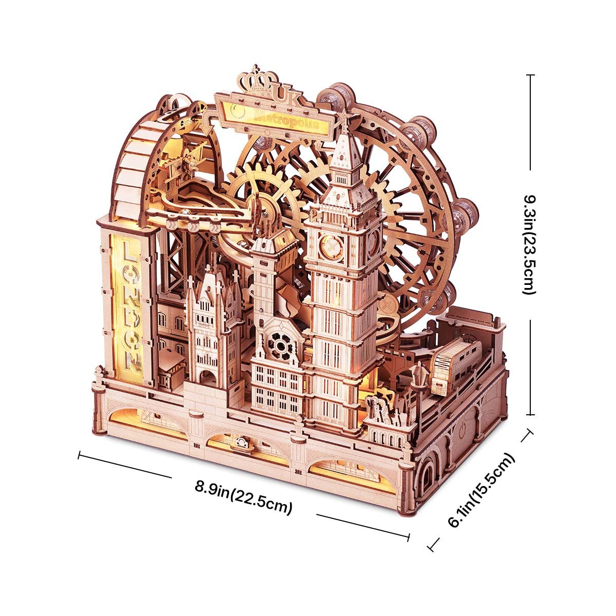 ROBOTIME 3D Wooden Puzzle London City Mechanical Model With Marble Run & LED Lights, DIY Decorative Kit For Adults & Teens.