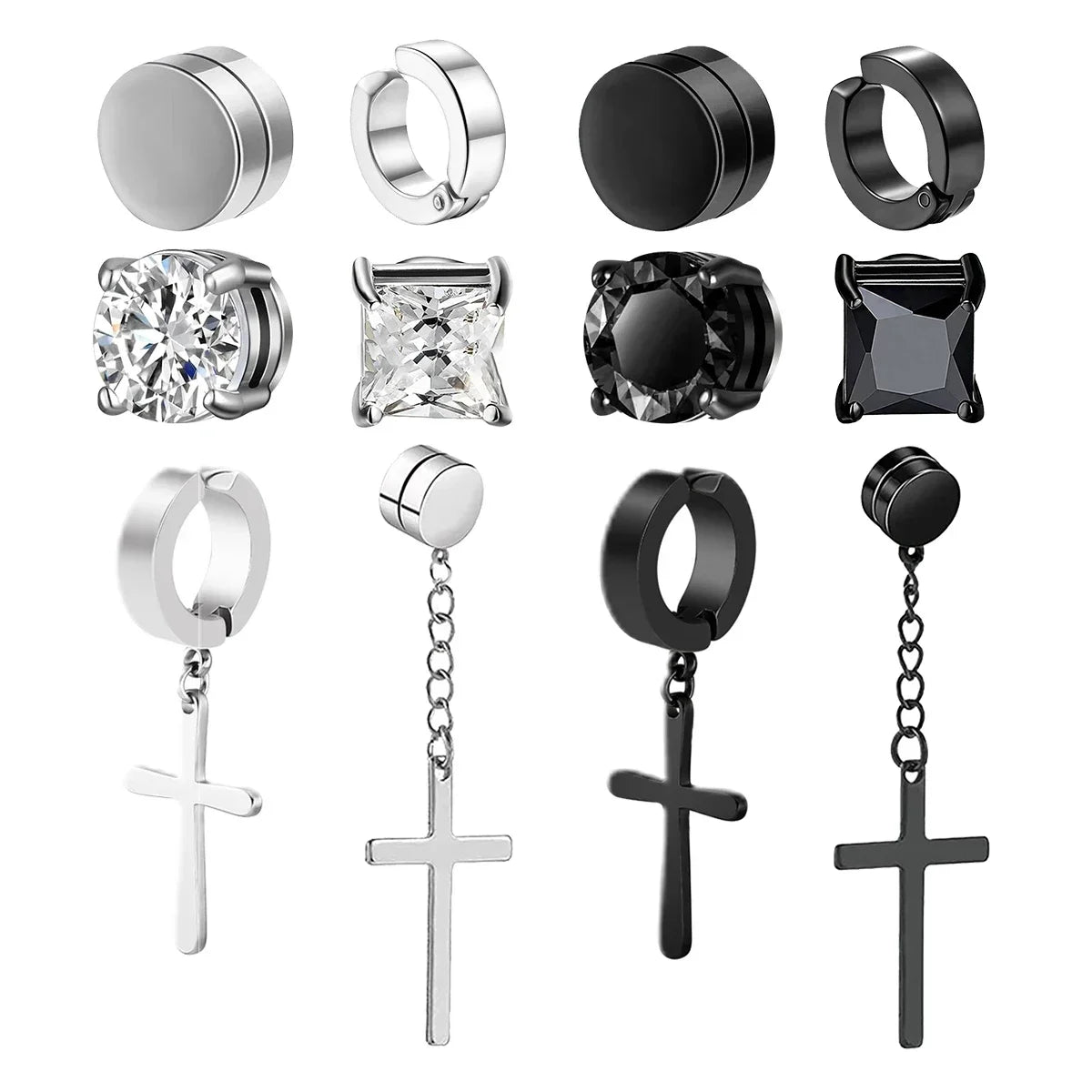 1Pairs Crystal Strong Magnetic Ear Stud Clip Earrings for Men Women, Punk Round Zircon Magnet Earrings Non Piercing Ear Jewelry - EL CHEG