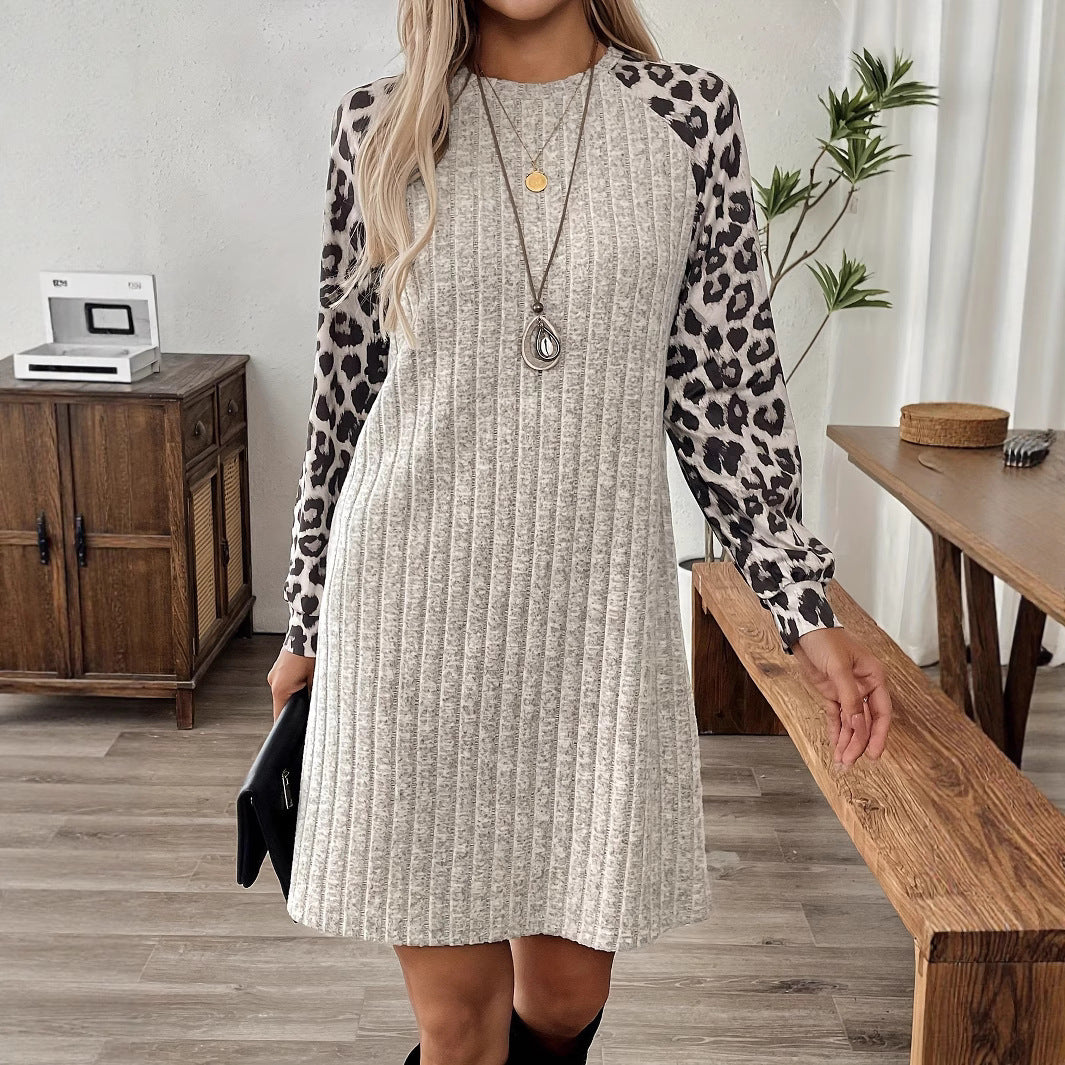 Women's Long Sleeve Leopard Splicing Tight Dress