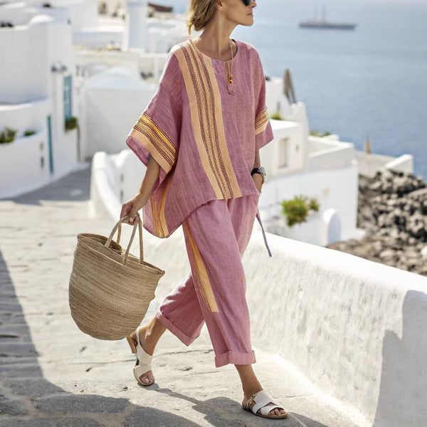 Summer Striped Suits Loose Batwing Sleeve T-shirt And Solid Straight-leg Pants