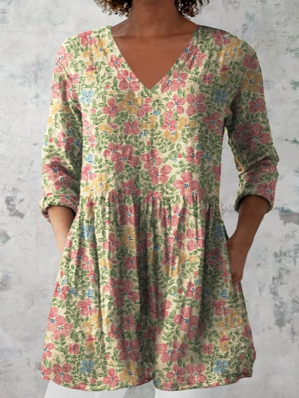 Women's Retro Floral Print Casual Cotton Linen V-neck Top