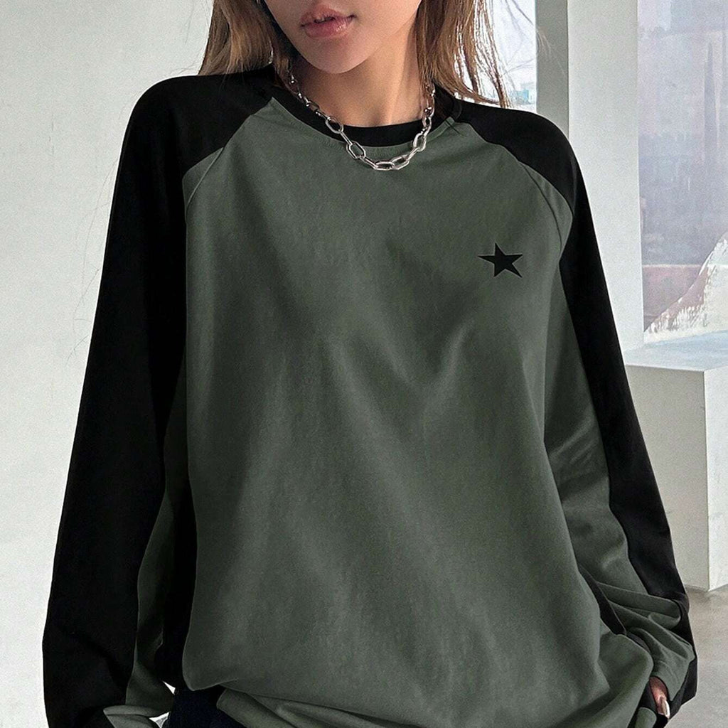 Round Neck Long Sleeve T-shirt Loose Casual Multicolor Raglan Top