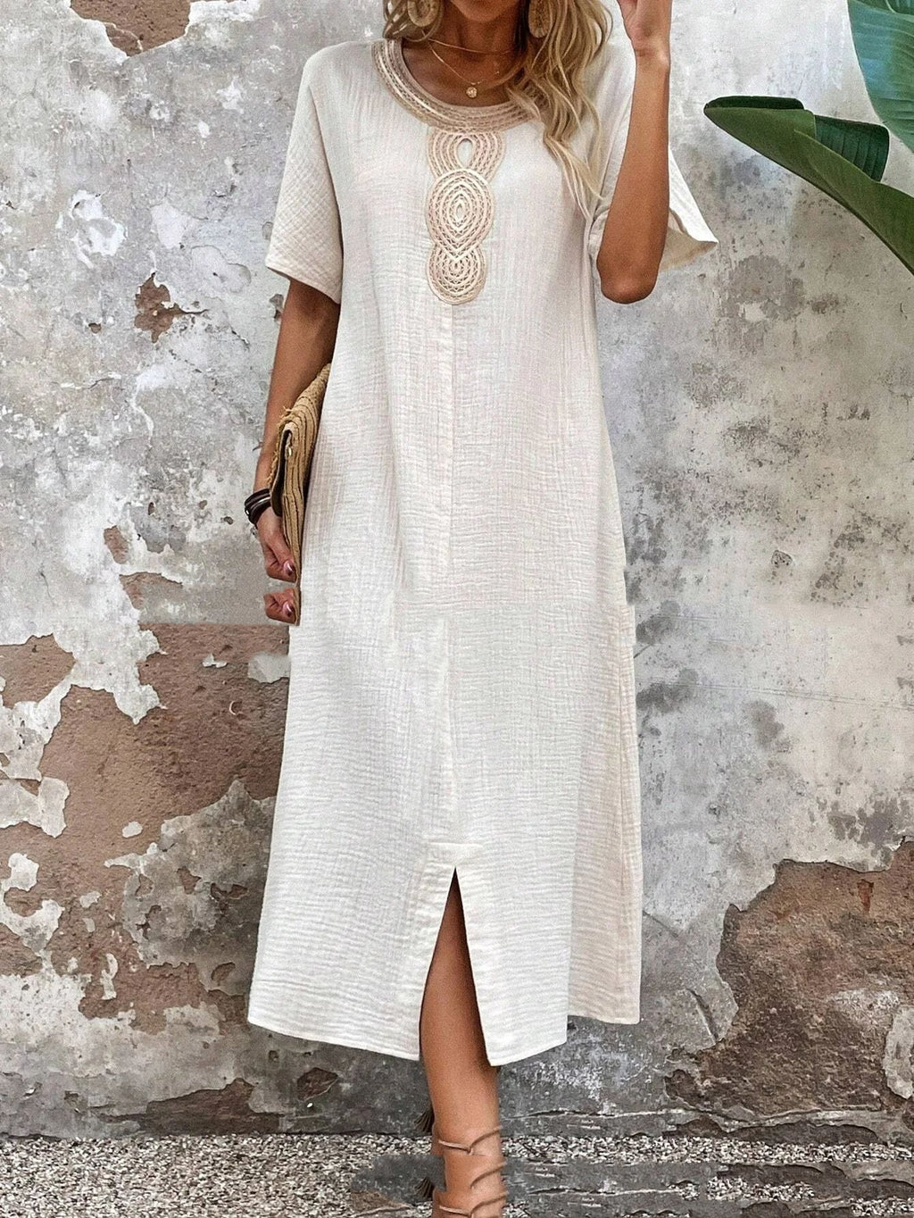 Round Neck Ruffled Short Sleeves Pure Cotton And Linen Slit Loose Dress