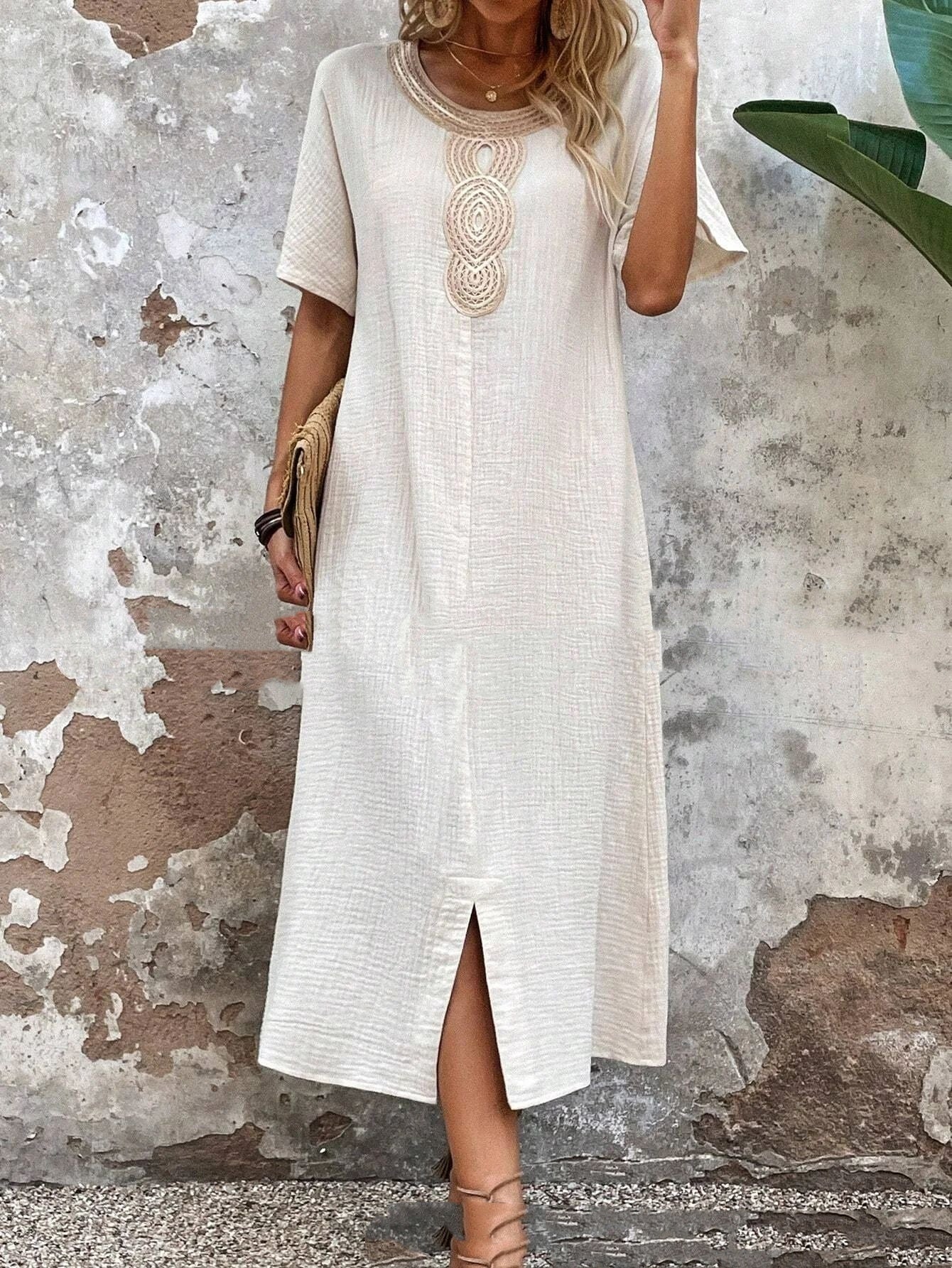 Round Neck Ruffled Short Sleeves Pure Cotton And Linen Slit Loose Dress