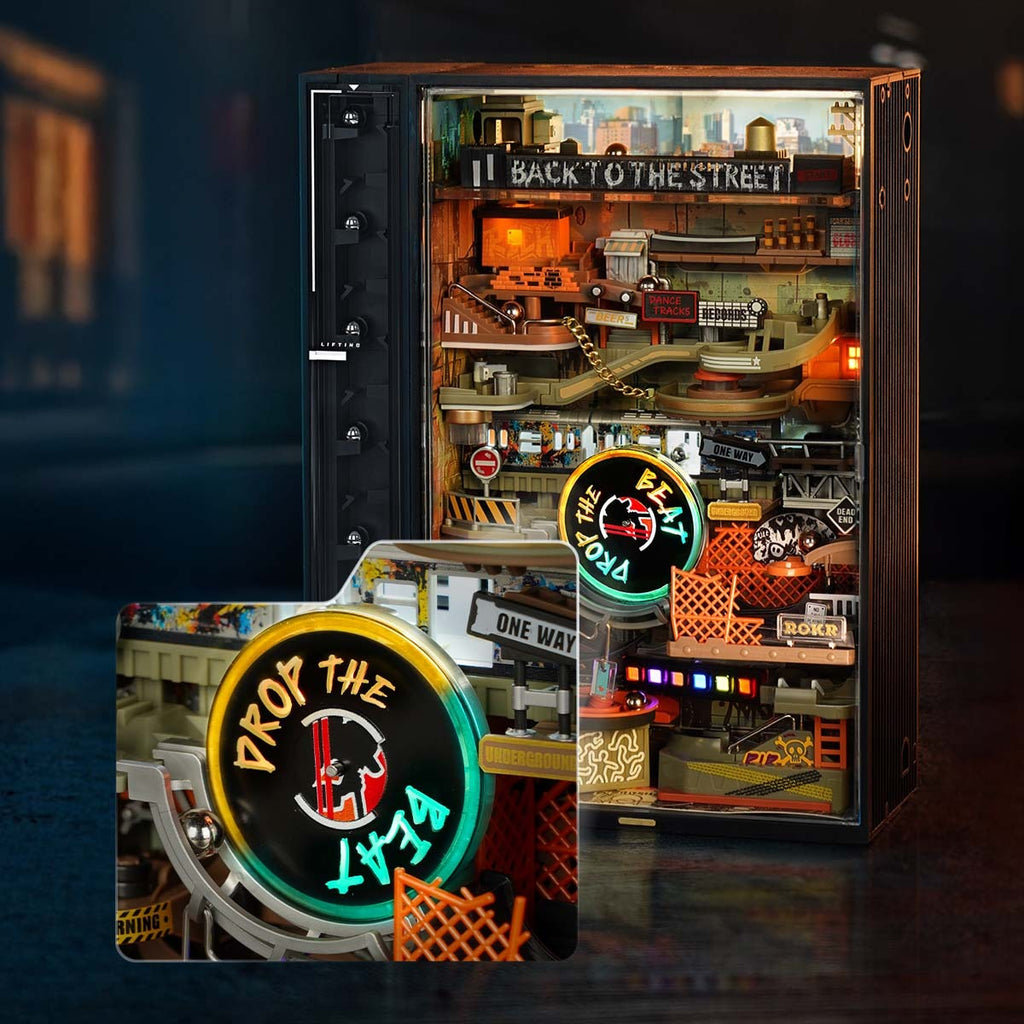 ROKR Parallel World 3D Puzzle Hip-Hop Street Themed Mechanical Marble Run Model Kit DIY Wooden Desk Decor For Adults & Teens.