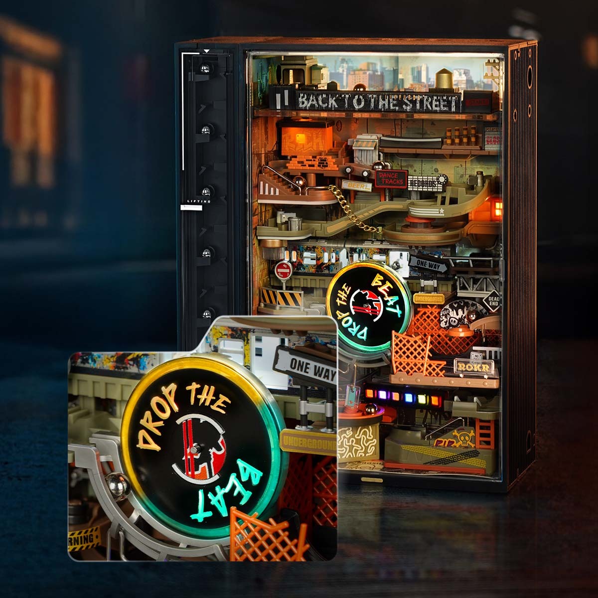 ROKR Parallel World 3D Puzzle Hip-Hop Street Themed Mechanical Marble Run Model Kit DIY Wooden Desk Decor For Adults & Teens.