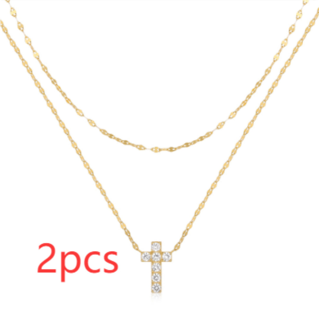 S925 Sterling Silver Double Layer Twin Diamond Cross