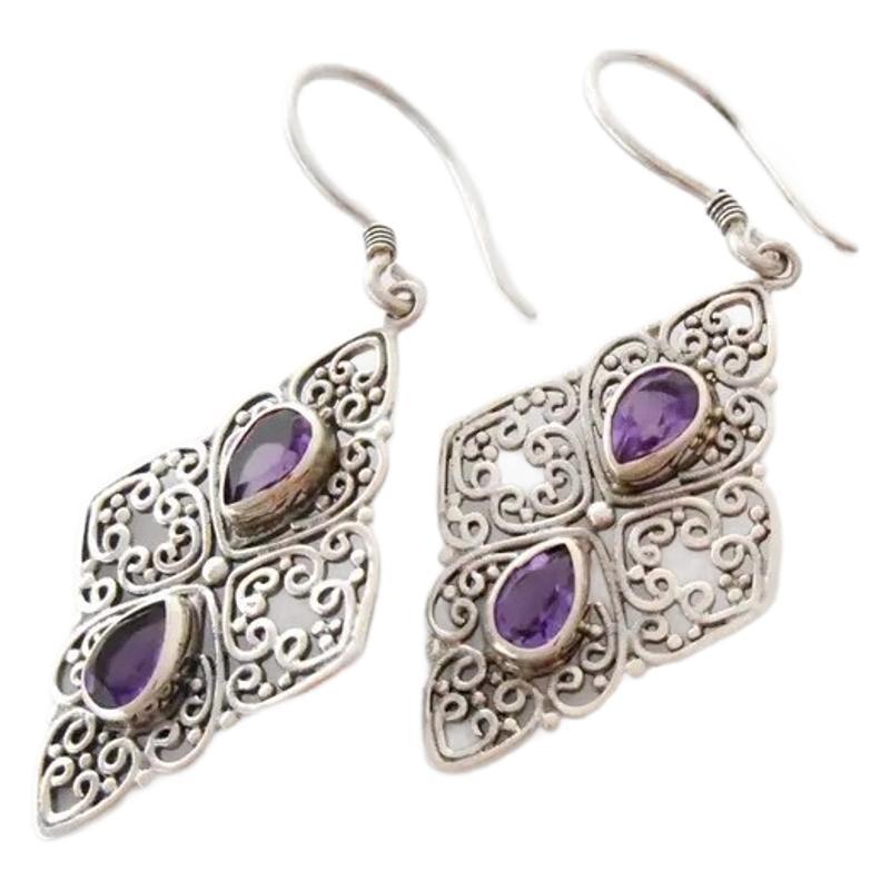 Metal Hollow Ancient Silver-plated Inlaid Purple Zircon Earrings
