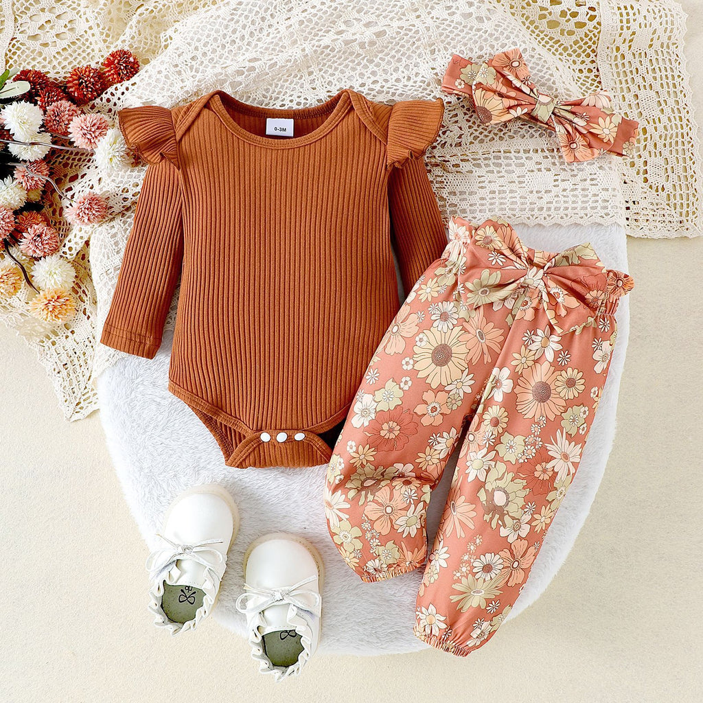 Sunken Stripe Long-sleeve Jumpsuit Flower Print Trousers Hair Band For Girls Suit