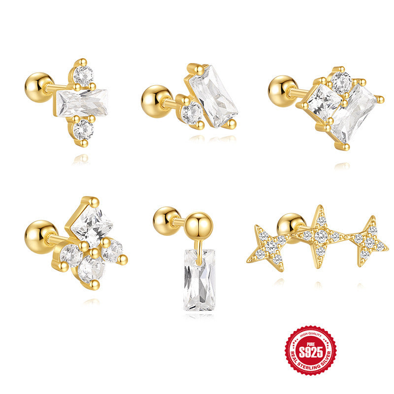 S925 Sterling Silver Red Earrings Square Gravel Stud Earrings