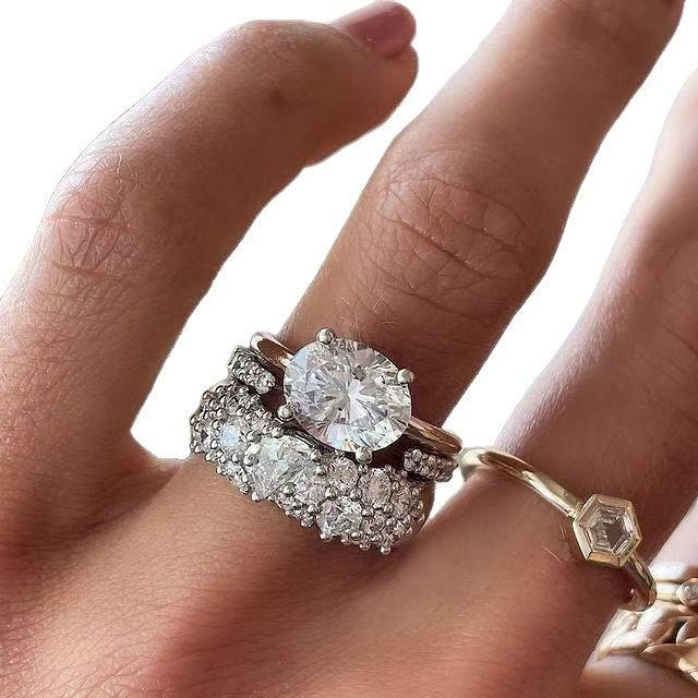 Women's Fashion Mosaic Oval Zircon Elegant Ring Three-piece Set