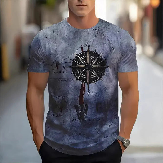 Men's Vintage Nautical Map Compass Printed T-shirt