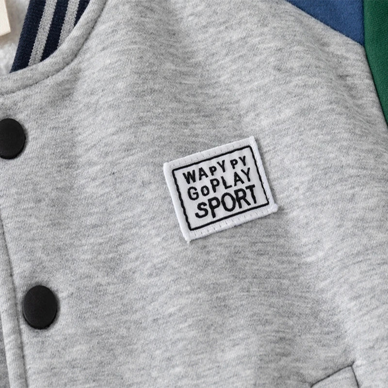 Children Letter Baseball Coat 2025 Autumn Winter Boys Button Thickened Sweatshirt Baby V-neck Color-blocked Coat - EL CHEG