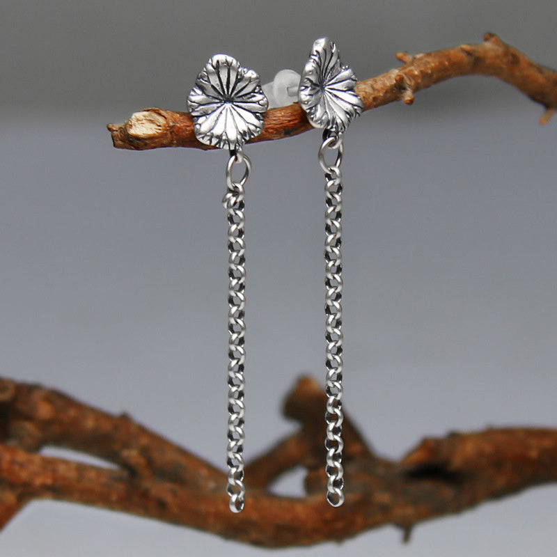 925 Sterling Silver Long Tassel Stud Earrings Women's Ethnic Style Lotus Leaf